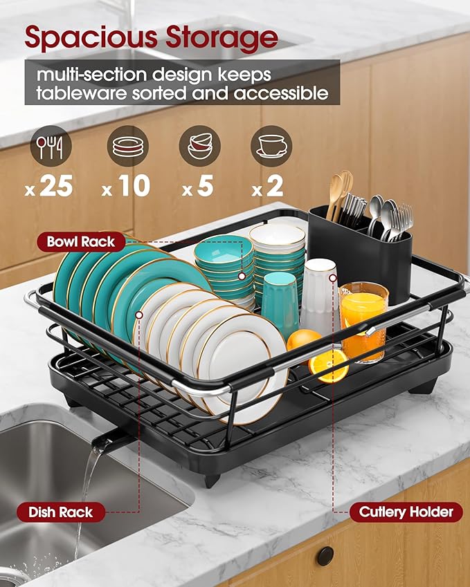 Sakugi Extendable Dish Drying Rack Over Sink with Dish Drainer, Sink Organization and Storage Essentials with Silverware & Utensil Holder, Home and Apartment Decor, 12" W x 16.1~23" L, Black - Image 2
