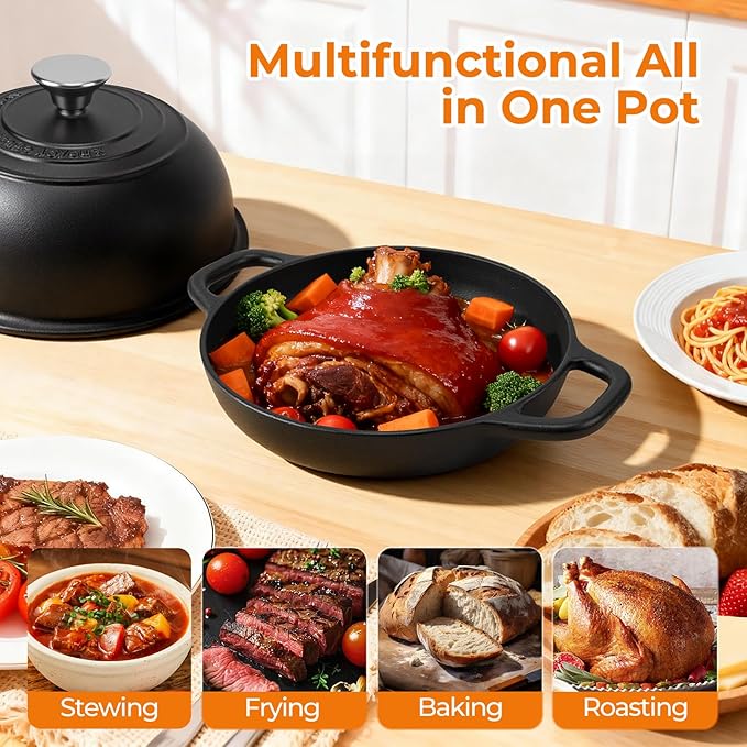 5QT Pre-Seasoned Cast Iron Dutch Oven For Bread Baking, Dutch Oven with Domed Lid, Sourdough Bread Baking Supplies, Multi-Functional Bread Pan For Baking, Frying, Roasting - Image 4