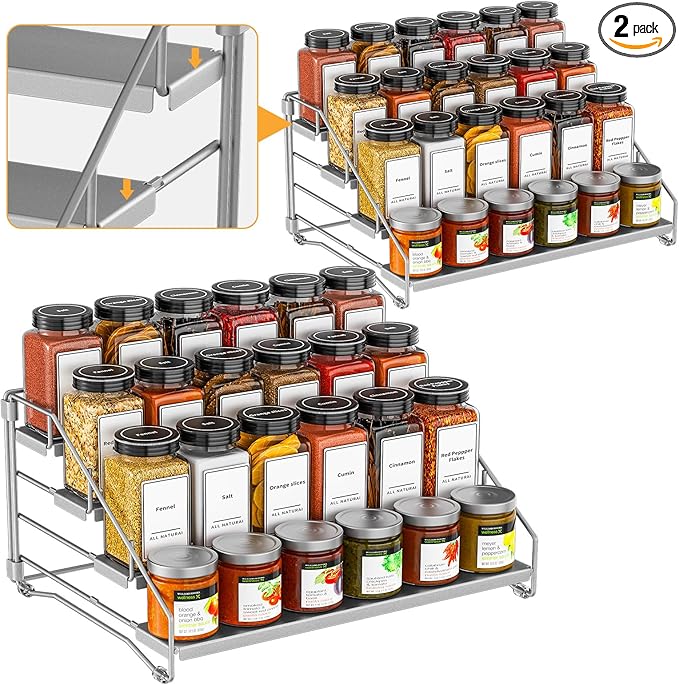 BOIVSHI 4 Tier Spice Rack Organizer for Cabinet, Spice Rack Organizer, Depth Adjustable Spice Organizer for Cabinet, Countertop, Cupboard, Pantry, Seasoning Shelf, Metal, Gray (2 Pack) by BOIVSHI
