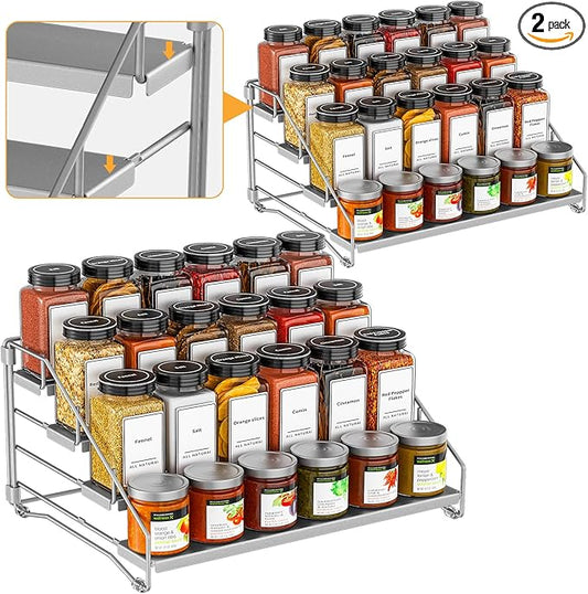 BOIVSHI 4 Tier Spice Rack Organizer for Cabinet, Spice Rack Organizer, Depth Adjustable Spice Organizer for Cabinet, Countertop, Cupboard, Pantry, Seasoning Shelf, Metal, Gray (2 Pack) by BOIVSHI
