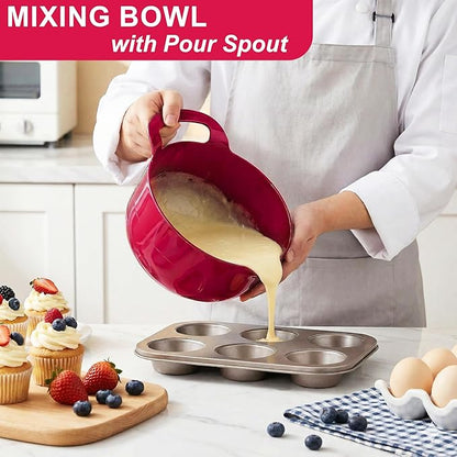 BoxedHome 4 Pack Nesting Mixing Bowl Set with Pour Spout and Handle, Non-Slip Bottom, BPA free Microwave & Dishwasher Safe(Deep Carmine) - Image 2