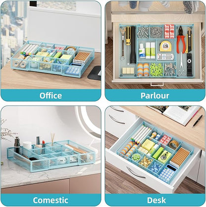 Marbrasse Expandable Desk Drawer Organizer, Mesh Drawer Organizer Tray with 10 Adjustable Compartments, Desk Organizers and Accessories for Office Supplies, Makeup & Vanity (Expandable-Blue) - Image 4