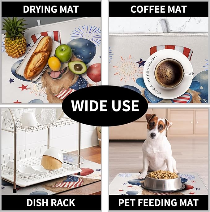 4th of July Patriotic Dog Dish Drying Mat 18 x 24 Inch US Independence Day Blue White Red Kitchen Drying Mat Firework Holiday Dish Drainer Mats Super Absorbent Dish Rack Pad for Kitchen Counter - Image 7