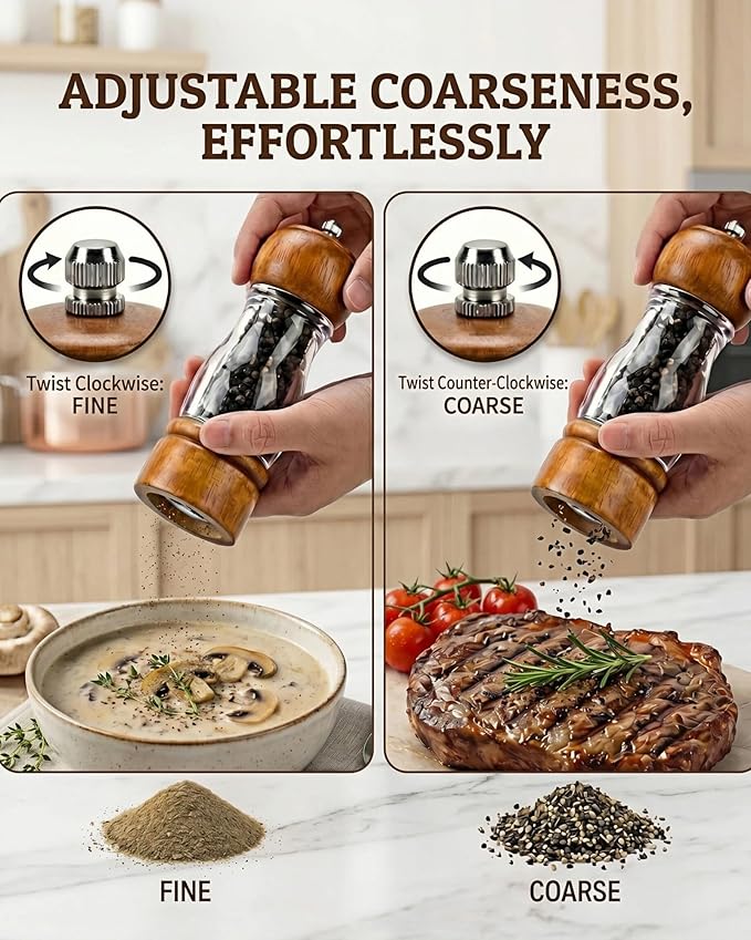 Wooden Salt and Pepper Grinder Set with Tray - 6.3 Inch Refillable Manual Pepper Mill & Sea Salt Grinder, Acrylic Window, Adjustable Ceramic Rotor for Peppercorns, House Warming Gifts - Image 3