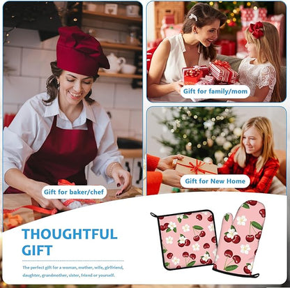 Cherry Oven Mitts and Pot Holders Sets Heat Resistant 4Pcs White Flower Potholders Oven Gloves Hot Pads for Kitchen Baking Cooking Grilling BBQ