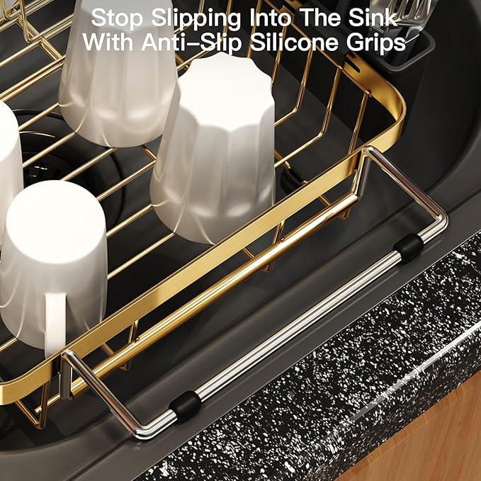MAJALiS Dish Drying Rack Over The Sink, Expandable Stainless Steel Dish Drainer for Small Kitchen Counter Space Saving, RV Compact Plate Strainer in Gold Metal with Hanging Adjustable Utensil Holder - Image 6