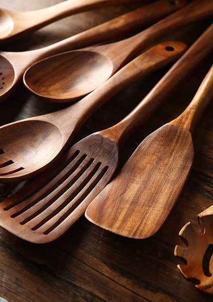 Wooden Kitchen Utensils set, 7Pcs Wooden Spoons for cooking Natural Teak Wood Kitchen Spatula Set for Cooking including Spoon Ladle Fork