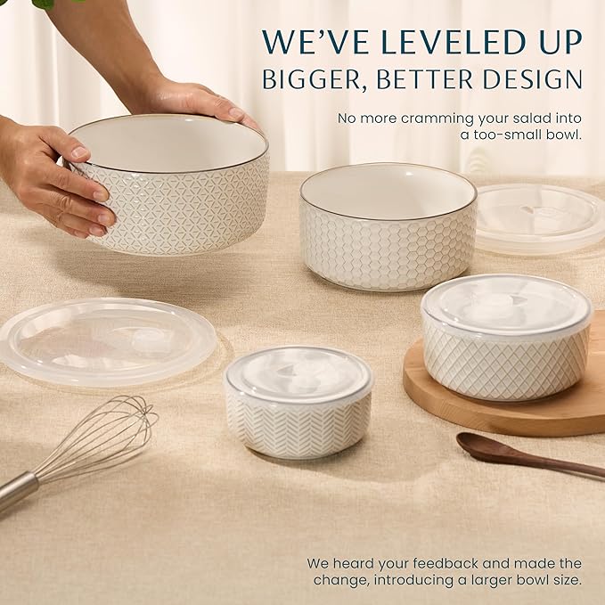 KooK Serving Bowls, with Lids, Ceramic Nesting Bowls, Set of 4, Embossed, Kitchen, Prep, Stackable, Gift, Microwave and Dishwasher Safe, 16/29/47/70 oz, Narbonne Collection (Ivory) - Image 2