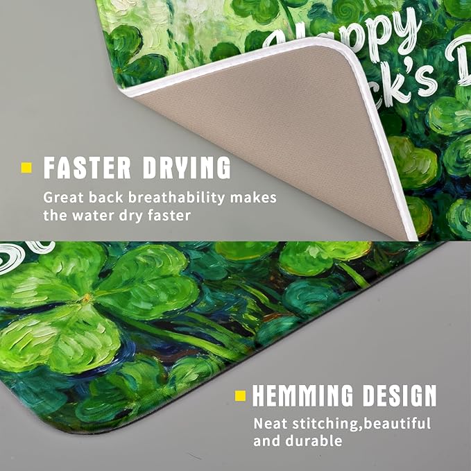 St Patricks Day Lucky Clover Dish Drying Mat for Kitchen Counter 16x18 Green Shamrock Happy Holiday Theme Absorbent Reversible Microfiber Drying Mats Kitchen Countertop Protector Dishes Drainer Pad - Image 3