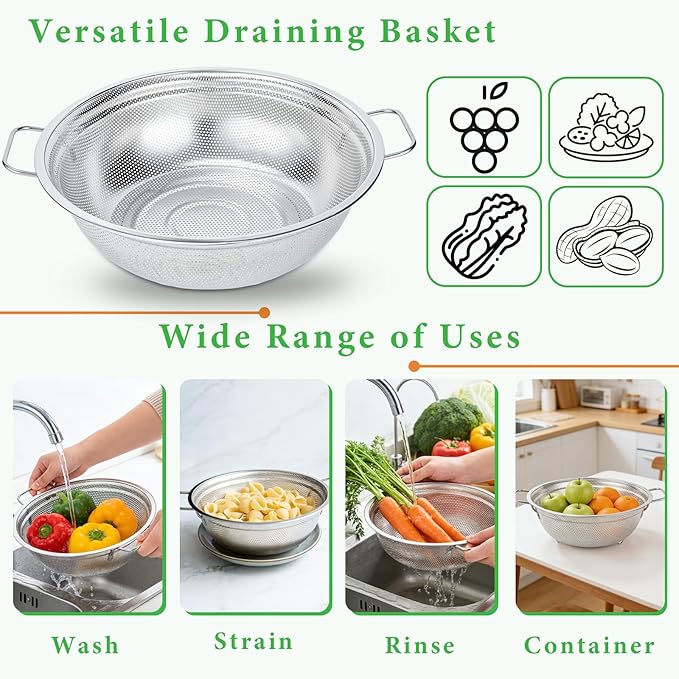 Colander Set of 3, Stainless Steel Micro-Perforated Colanders Strainers for Draining Rinsing Washing, Ideal for Pasta Vegetables Fruits, Heavy Duty & Dishwasher Safe - Image 6