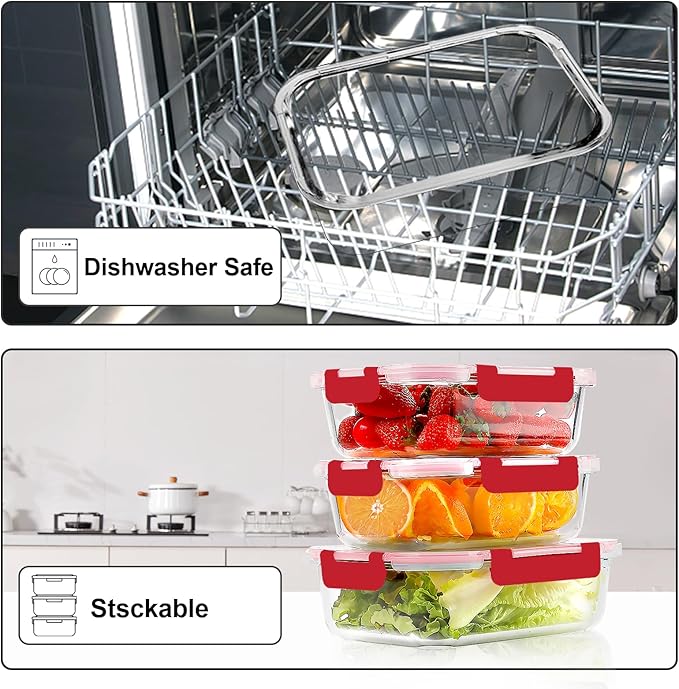 VERONES 10Pack Glass Meal Prep Containers, Airtight Glass Lunch Containers,Stackable Glass Food Storage Containers Set with Lids,Exclusive of BPA, for Microwave,Oven, Freezer&Dishwasher Friendly,Red - Image 5
