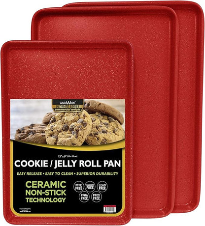 casaWare 3pc Ultimate Commercial Weight Cookie Sheet Set, Two 15 x 10-Inch Pans, One 13 x 9-Inch-Inch Pan (Red Granite) by casaWare