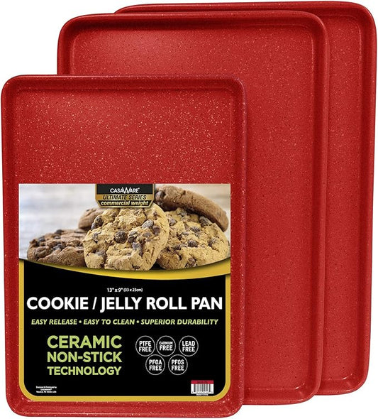 casaWare 3pc Ultimate Commercial Weight Cookie Sheet Set, Two 15 x 10-Inch Pans, One 13 x 9-Inch-Inch Pan (Red Granite) by casaWare