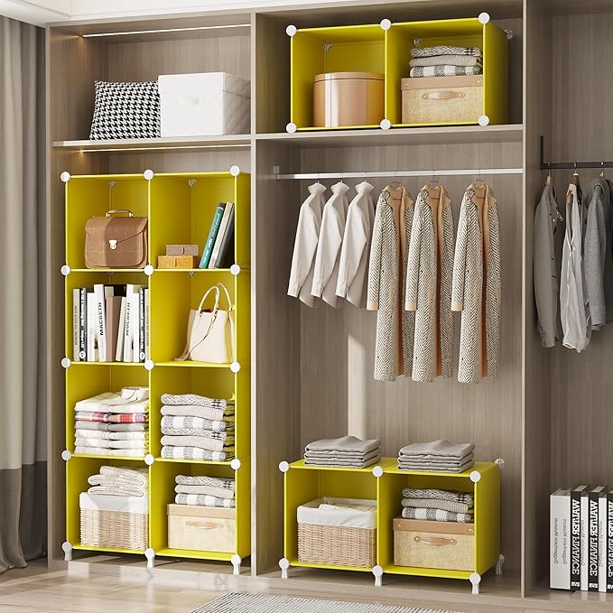 AWTATOS Cube Storage Organizer, Storage Cubes Shelves, 12 Cube Closet Organizers and Storage, DIY Stackable Bookshelf Plastic Clothes Organizer Shelving for Bedroom, Home,Yellow - Image 5