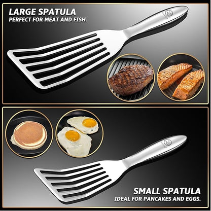 Stainless Steel Fish Spatula Set – 1 Large Fish Turner + 1 Small Metal Spatula, Ultra-Thin Edge for Easy Turning & Flipping, Metal Kitchen Utensils with Ergonomic Non-Slip Handle, Dishwasher Safe - Image 2