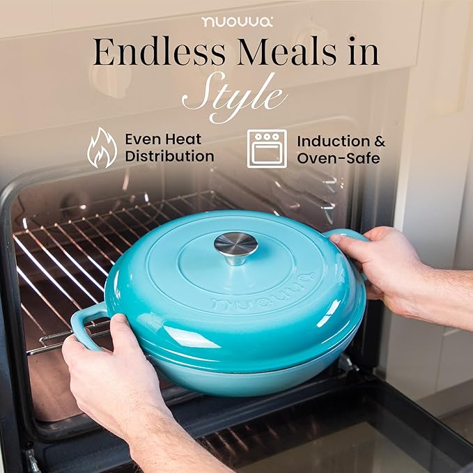 Shallow Cast Iron Casserole with Lid – Non Stick Dutch Oven Pot, Oven Safe up to 500° F – Sturdy Ovenproof Stockpot Cookware – Enamelled Cooking Pot – Blue, 3.7-Quart, 30cm – by Nuovva