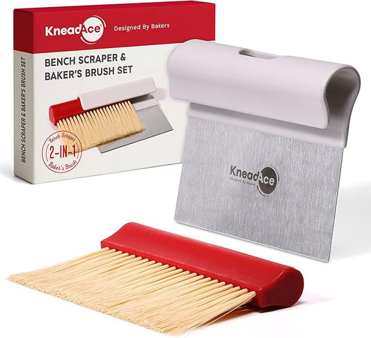 KneadAce Dough Scraper & Baker’s Brush Set. Stainless Steel Bench Scraper & Flour Cleaning Brush. Kitchen Tool for Pastry, Sourdough and Baking Prep Bread Dough Cutter, Gift For Bakers (White/Red) by KneadAce-DesignedbyBakers