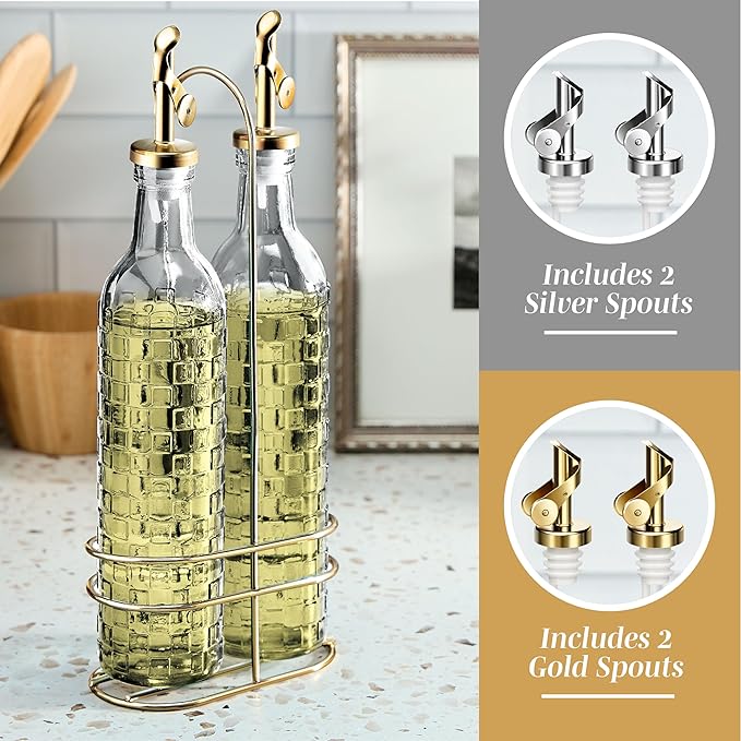 COOK WITH COLOR Glass Olive Oil Bottle Dispenser - 2 Pack- 17oz Oil and Vinegar Cruet - Olive Oil Carafe Decanter for Kitchen, Checkered, Clear - Image 4