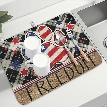 4th of July Dish Drying Mat 24x18 Inch, Patriotic Drying Mat with Absorbent Reversible Microfiber, Independence Day Dish Drainer Mats Memorial Day Rack Pad for Coffee Countertop Kitchen Protector