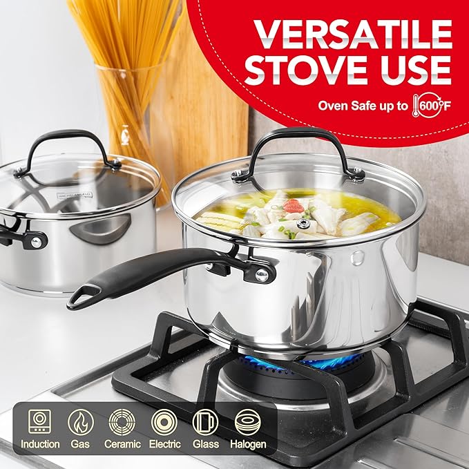 MICHELANGELO Tri-Ply Stainless Steel Saucepan with Lid 6 Pcs, Stainless Steel Sauce Pans with Cool Handle, 6 Pcs Multipurpose Sauce Pots Set for Kitchen Cooking, Induction Compatible, 1QT & 2QT &3QT - Image 6