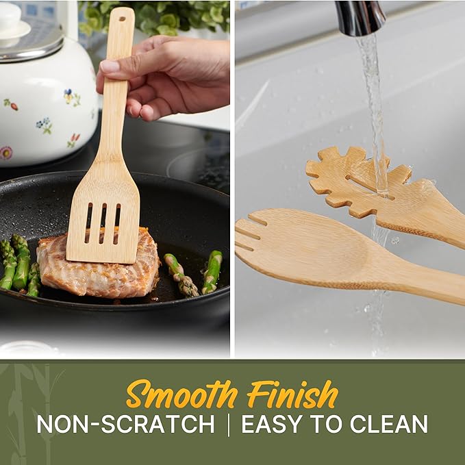 Bamboo Utensils 7 PCs with Holder – Bamboo Cooking Utensils Set + Holder for Nonstick – Wooden Spoon Sets for Cooking – Easy to Clean, Sturdy, Lightweight & Heat Resistant - Image 6