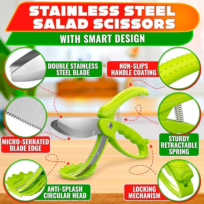 Salad Scissors for Chopped Salad – Multiblade Food Scissor Chopper With Spring-Loaded System & Anti-Slash Head for Fast Double Cutting – 8.9" Handy Size Lettuce Chopper, Stainless Steel Blades - Image 3