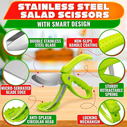 Salad Scissors for Chopped Salad – Multiblade Food Scissor Chopper With Spring-Loaded System & Anti-Slash Head for Fast Double Cutting – 8.9" Handy Size Lettuce Chopper, Stainless Steel Blades - Image 3
