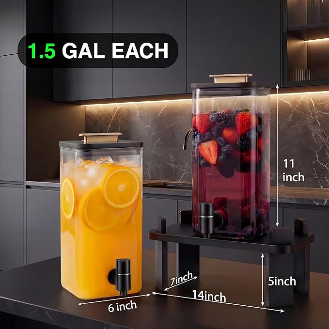 2 PCS 3 Gallon Drink dispenser, Glass Beverage Dispenser With Wood Stand, Large Water Drink Dispensers For Spa, for bars, office waiting room beverage dispenser modern Black - Image 2