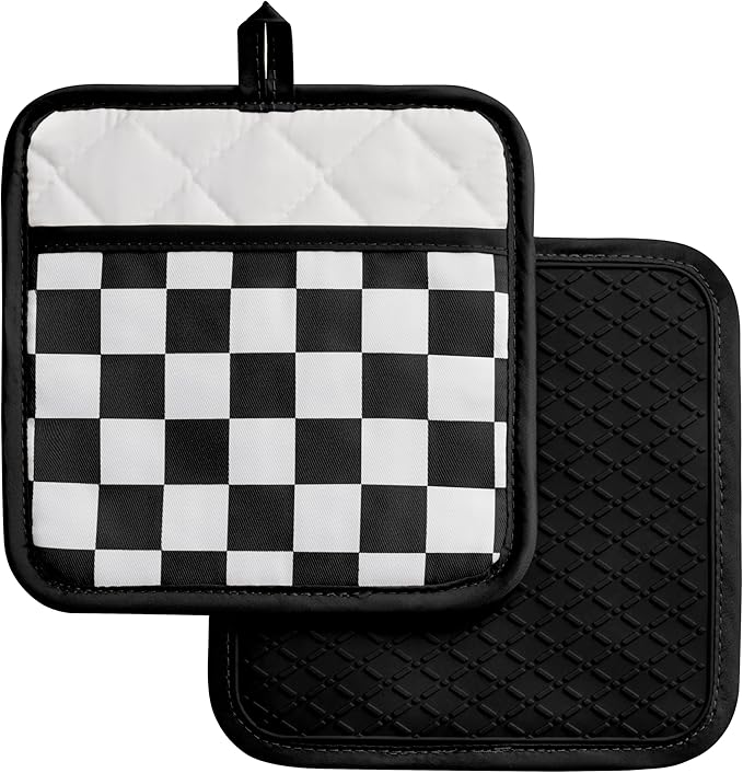 Ohocut Checkered Pot Holder, Black and White Checkerboard Potholders for Kitchen, Silicone Pot Holders with Pocket for Kitchen Clearance 2 Pack Set, Hot Pads and Oven Mitts for Cooking Baking by Ohocut