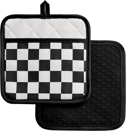Ohocut Checkered Pot Holder, Black and White Checkerboard Potholders for Kitchen, Silicone Pot Holders with Pocket for Kitchen Clearance 2 Pack Set, Hot Pads and Oven Mitts for Cooking Baking by Ohocut