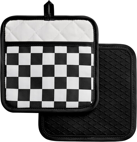 Ohocut Checkered Pot Holder, Black and White Checkerboard Potholders for Kitchen, Silicone Pot Holders with Pocket for Kitchen Clearance 2 Pack Set, Hot Pads and Oven Mitts for Cooking Baking by Ohocut
