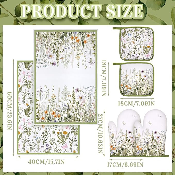Leinuosen 6 Wild Flower Kitchen Towels Kitchen Decor and Accessories Set Floral Plant Oven Mitts and Pot Holders Sets Farmhouse Absorbent Dish Towels for Cooking Baking Grilling - Image 3