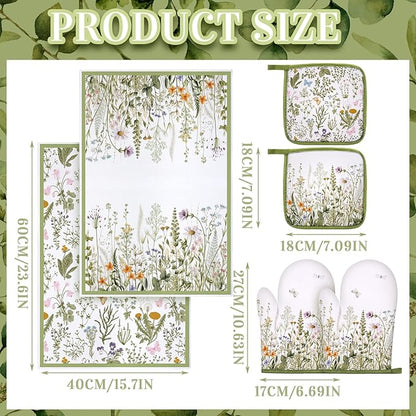 Leinuosen 6 Wild Flower Kitchen Towels Kitchen Decor and Accessories Set Floral Plant Oven Mitts and Pot Holders Sets Farmhouse Absorbent Dish Towels for Cooking Baking Grilling - Image 3