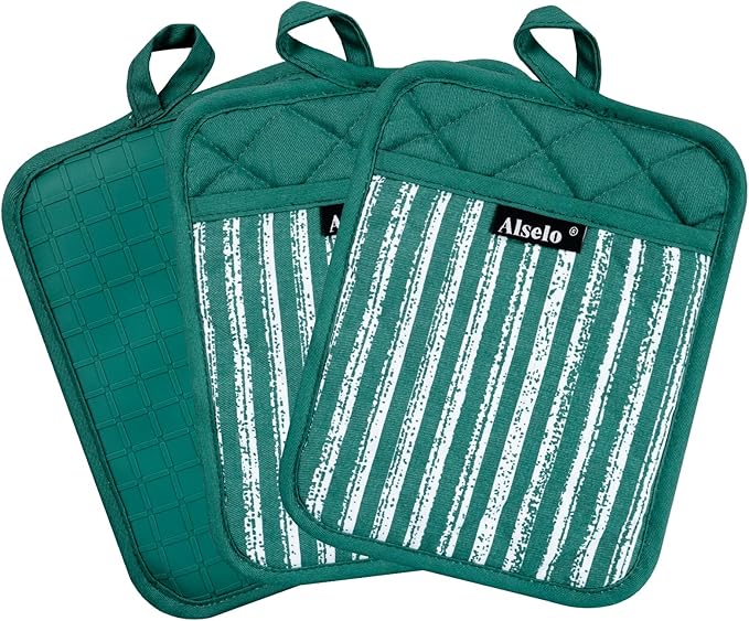 Alselo Silicone Pot Holders Set of 3 Heat Resistant & Non Slip Potholders, Professional Oven Hot Pads with Pockets Mitts for Kitchen Cooking Baking Barbecue (Emerald Green, 3) - Image 8