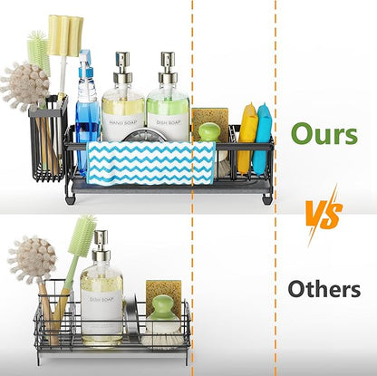 Cisily Large Sink Caddy Organizer with Towel Holder, Quick Dry Sponge Holder for Kitchen, Black Dish Brush Holder for Countertop, Kitchen Decor Storage and Essentials - Image 2