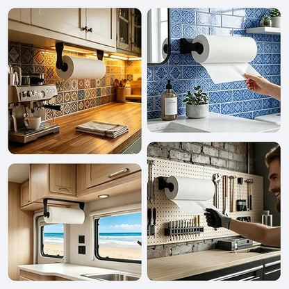 Paper Towel Holder Under Cabinet,Black Stainless Steel Under Counter Wall Mount,Paper Towel Holder,Waterproof and Rustproof Self-Adhesive Kitchen Roll Rack for Kitchen/Living Room/Bathroom