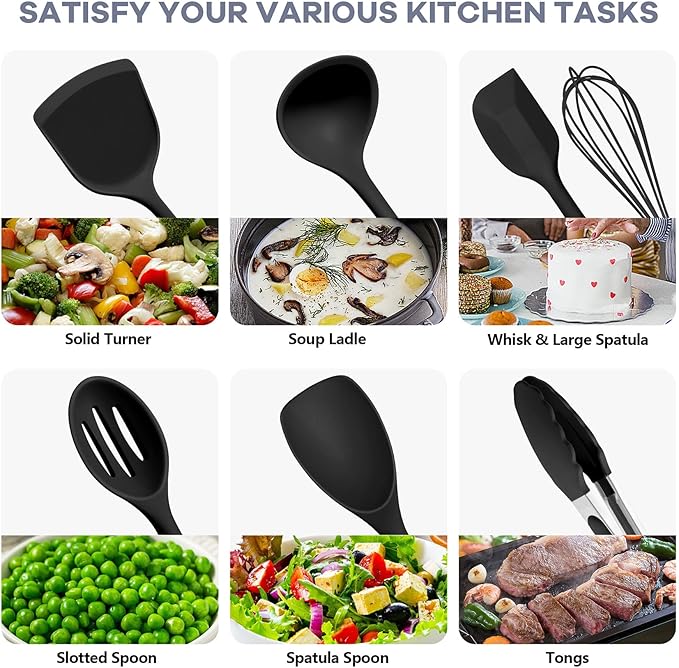 TeamFar Silicone Cooking Utensils, 10 pcs Kitchen Cooking Utensils Set, 446°F Heat Resistant Kitchen Gadgets Tools Set w/Spatula, Turners, Spoons, Soup Ladle, Pasta Server for Nonstick Cookware, Black - Image 5