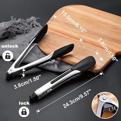 600ºF Heat Resistant Kitchen Tongs, 9.57 inch Tongs for Cooking with Silicone Tips, Non Scratch, Locking Tong for BBQ Grilling Air Fryer Food Salads, Set of 2