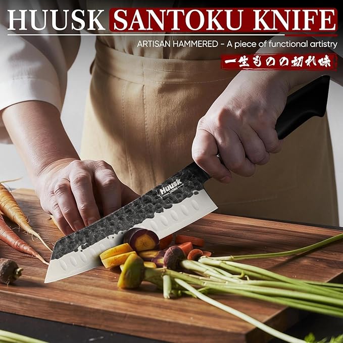 Huusk Santoku Japanese Chef Knife - Hand Forged Chef's Knives with VG10 Steel Core, Ultra Sharp 8 inch Kitchen Knife with Ergonomic Ebony Handle, Premium Wooden Gift Box for Men Women - Image 2