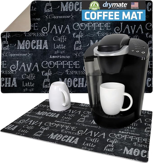 Drymate Coffee Maker Mat, (Coffee Station Bar Accessory) Protects Kitchen Countertops From Spills, Stains & Scratches, Absorbent, Waterproof, Washable (USA Made) (12” x 20”) (Java Chalkboard) by Drymate