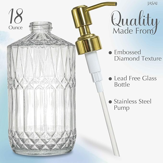 JASAI 18Oz Dazzling Clear Glass Soap Dispenser with Golden Pump for Bathroom, Refillable Kitchen soap Dispenser for Dish Soap, Bathroom Soap Dispenser for Hand Soap, Lotion.(Golden) - Image 2