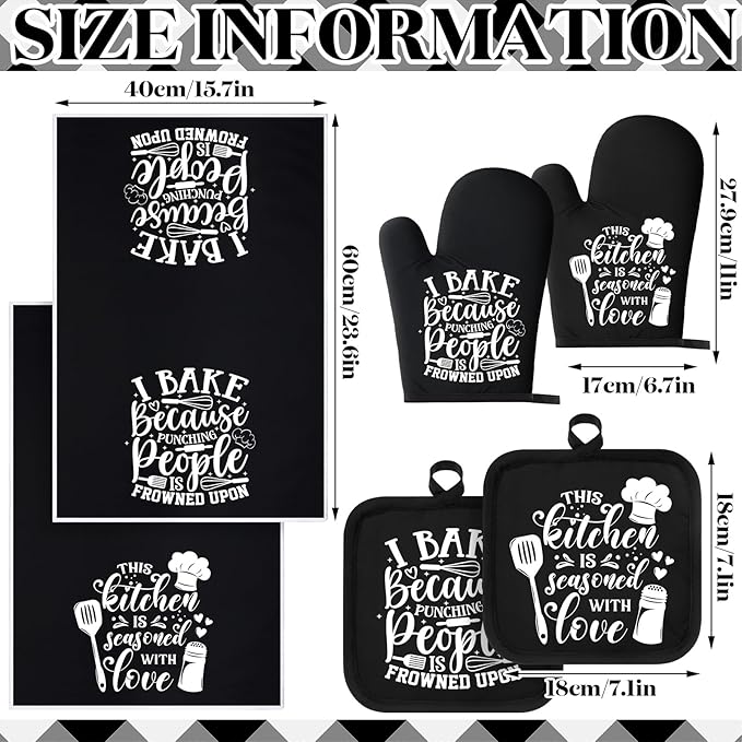 Sratte 6 Pcs Kitchen Decor Accessories Set Farmhouse Towels Pot Holders Oven Mitts Set 2 Dish Towels 2 Potholders 2 Cooking Mittens Oven Glove for Christmas Baking Cooking Supply(Black,Baking) - Image 4