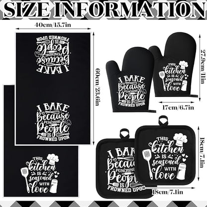Sratte 6 Pcs Kitchen Decor Accessories Set Farmhouse Towels Pot Holders Oven Mitts Set 2 Dish Towels 2 Potholders 2 Cooking Mittens Oven Glove for Christmas Baking Cooking Supply(Black,Baking) - Image 4