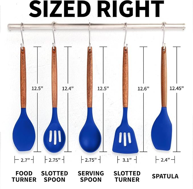 Zulay Kitchen Non-Stick Silicone Cooking Utensils Set with Acacia Wood Handles - 5 Piece Set - Heat Resistant to 464F - Dark Blue - Image 8