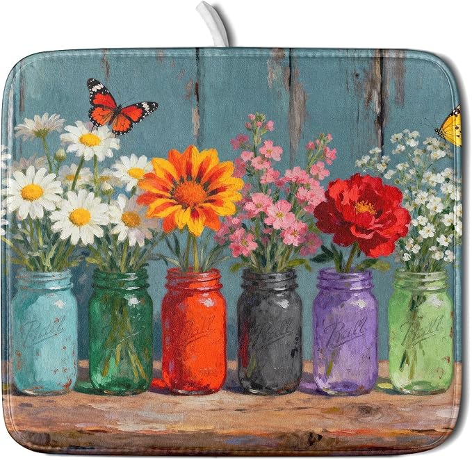 Small Dish Drying Mat for Kitchen Counter 16x18, Spring Summer Floral Decorative Absorbent Reversible Microfiber Kitchen Countertop Protector Dishes Drainer Pad by Aytipun