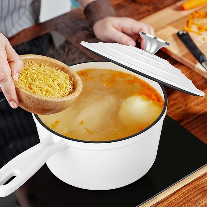 2 Quart Saucepan with Lid, Leonyo Enameled Cast Iron Sauce Pan, Heavy Duty Dutch Oven Cast Iron Pot Kitchen Cookware for All Cooktops Cooking Pasta, Milk, Soup- Up to 500°F & 6.7Lbs, White