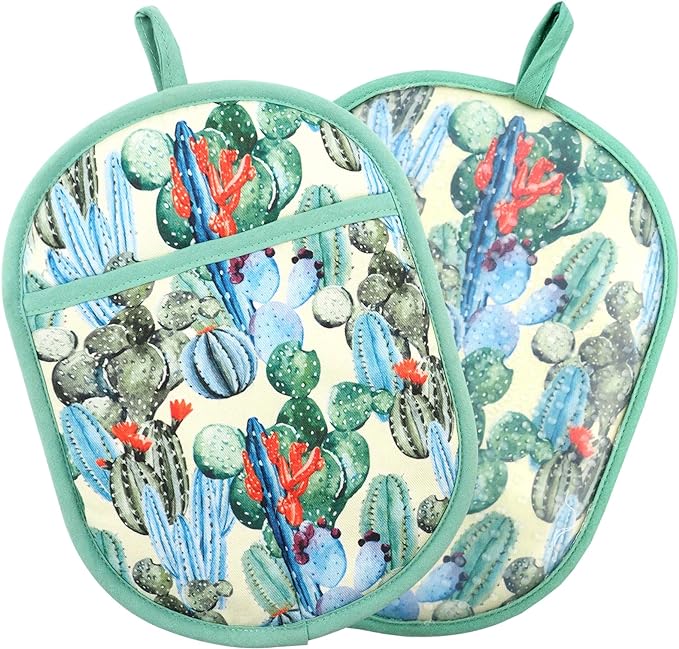 Pot Holders Set of 2 with Transparent Clear Silicone Shell and Nice Cactus Flower Cotton Lining, Heat Resistant to 500 F Kitchen Oven Gloves Pot Holder for Cooking (Cactus Flower, Potholders) by REDLMLDETA