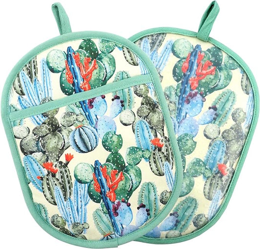 Pot Holders Set of 2 with Transparent Clear Silicone Shell and Nice Cactus Flower Cotton Lining, Heat Resistant to 500 F Kitchen Oven Gloves Pot Holder for Cooking (Cactus Flower, Potholders) by REDLMLDETA