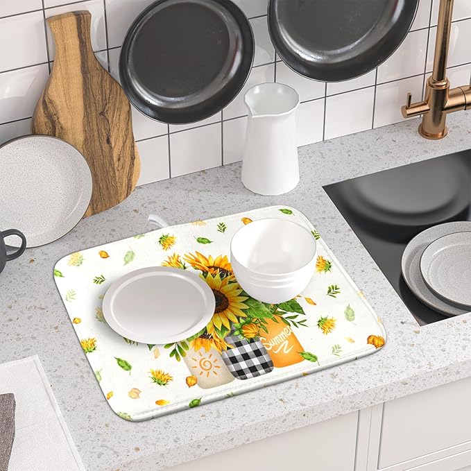 Giwawa Sunflower Vases Dish Drying Mat for Countertop, 16"x18" Summer Bee Floral Mason Jar Dish Drainer Mats, Fast Dry Microfiber Reversible Small Dish Drying Pad Kitchen Decoration