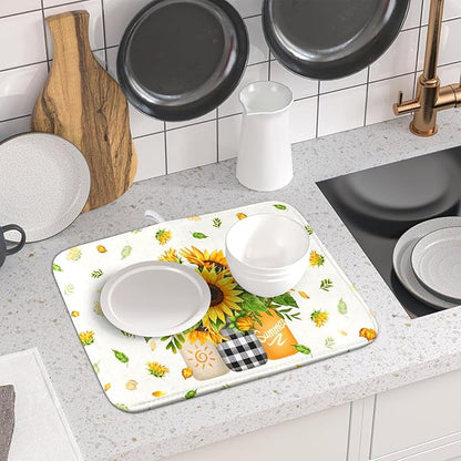Giwawa Sunflower Vases Dish Drying Mat for Countertop, 16"x18" Summer Bee Floral Mason Jar Dish Drainer Mats, Fast Dry Microfiber Reversible Small Dish Drying Pad Kitchen Decoration